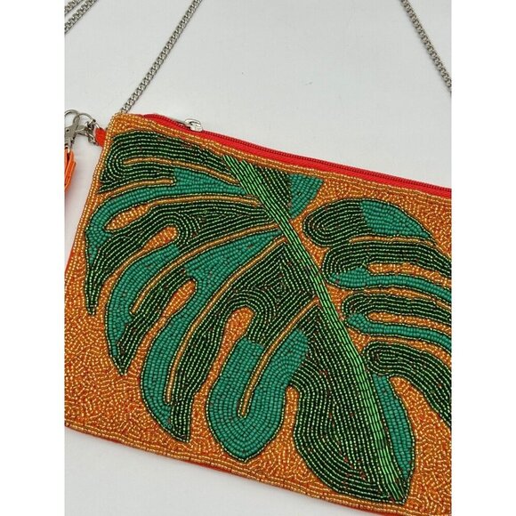 NATASHA beaded palm tree clutch wristlet shoulder bag - Orange/Green - Picture 5 of 8